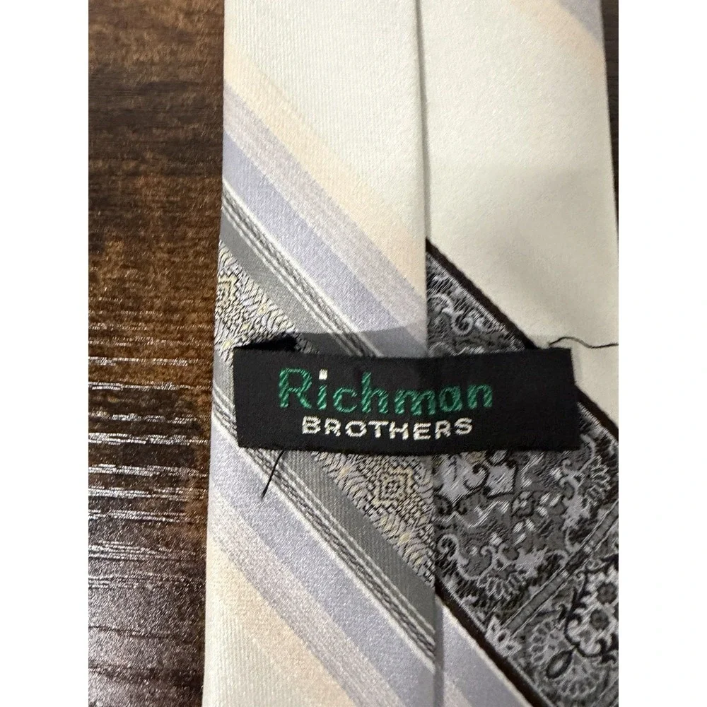 Vintage Richman Brothers Slim Necktie Tie Ivory Blue Black Striped‎ 57